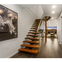 カスタムモノストリンガー階段キットガラス手すりモダン木製階段ストレート階段