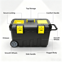 Boîte à outils en plastique robuste sur roulettes, chariot à outils avec poignée latérale et compartiments supérieurs, rangement pour atelier