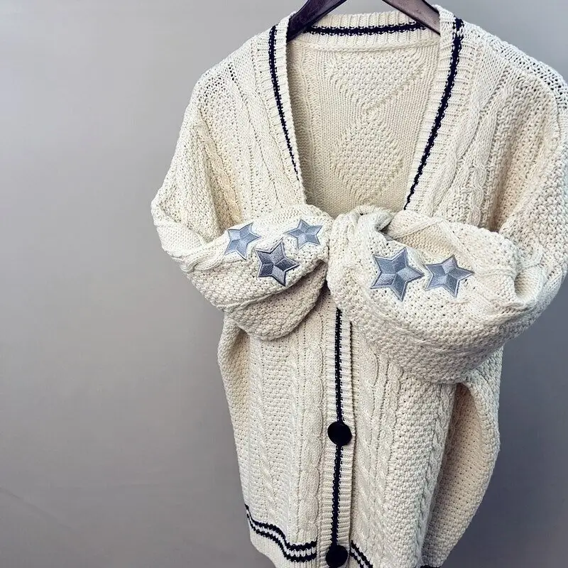 Fabricante Knitting Long Sleeve Cardigan Coat Loose Taylor Cardigan Bordado Estrelas Camisola Com Logotipo Personalizado