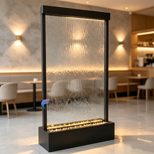 Modern Freestanding Glass Waterfall Feature With LED Lighting And Pebble Base Indoor Room Divider - Product Image 1