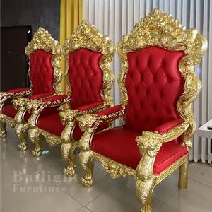 Luxury queen and king wedding royal gold and red carving throne king chair