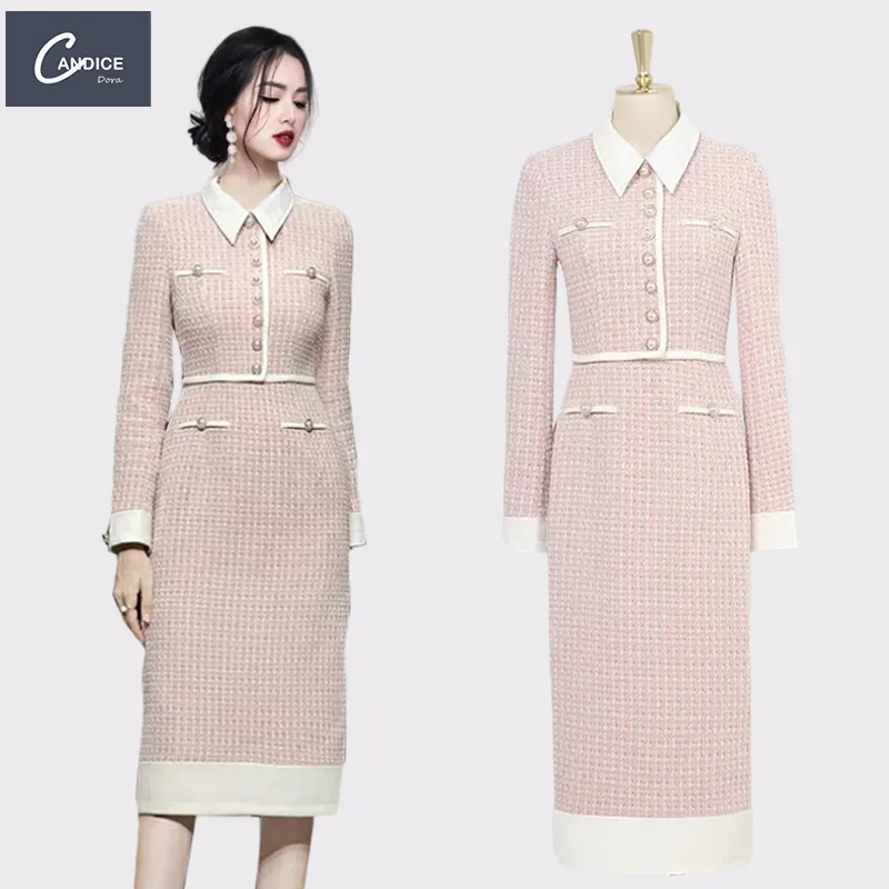 Candice hot sale korean style tweed winter long sleeve maxi dresses women lady elegant