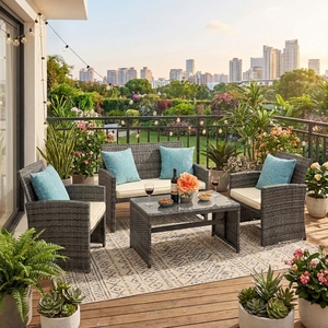 Sun-Resistant 4 Piece PE <b>Rattan</b> Garden Sofa Set Durable Wicker Patio Furniture with Glass Top <b>Table</b> for Summer Outdoor Entertain - Product Image 1