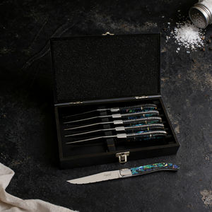 Ensemble de 6 couteaux à steak Laguiole dentelés et tranchants de 5 pouces en acier inoxydable, manche en véritable nacre, ambidextre, pour restaurant - Product Image 2