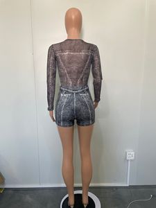 Nouveau Ensemble 2 Pièces pour Femme : Haut Body Imprimé Denim 3D et <span class=keywords><strong>Short</strong></span> Irrégulier, Ensemble Jupe Bodycon Sexy en Maille Transparente - Product Image 3