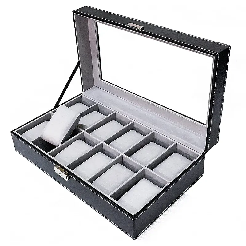 Factory Travel Soft Pillows Display Case watch jewelry box High Quality 12 Slot Glass Top Watch Packaging with box