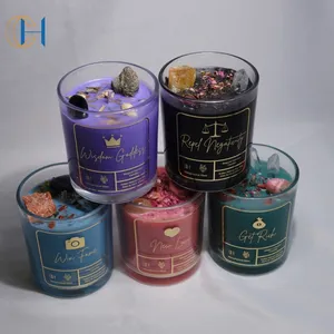 C & H Hot Sell Alta Qualidade Vela Mágica Charkra Luxo Pedra De Cura Flores Secas Cera De Soja Fragrância Vela De Cristal Perfumado