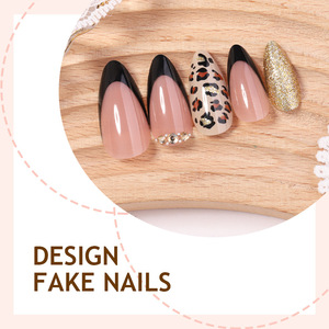 24 stuks zwarte Franse nude amandelvormige kunstnagels luipaardprint design strass goud glitter kunstmatige volledige dekking impressie nagels - Product Image 3