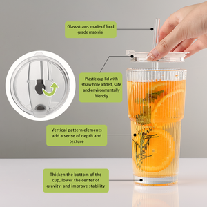 Offre Spéciale de haute qualité réutilisable 20oz/600m <span class=keywords><strong>LGlass</strong></span> Drink Cup Set Coffee Beverage Striped Glass Tumbler Set avec couvercle en bois Straw - Product Image 5