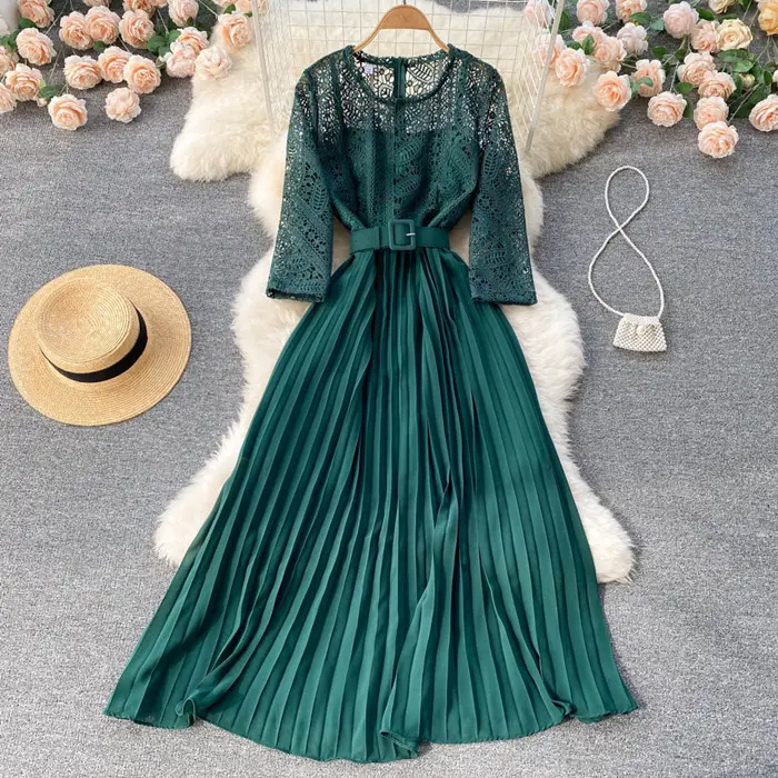DD1856 New 2022 Korean Chic Elegant Lace Patchwork Dress Slim Waist Long Dresses Clothing Wholesale 3