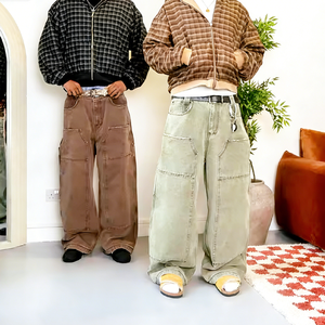 <span class=keywords><strong>Jeans</strong></span> baggy pour hommes, logo personnalisé OEM, style streetwear hip-hop, 100% coton, délavé à l'acide, effet délavé, cargo, double genouillère, style charpentier - Product Image 1
