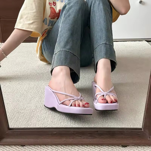 Casual Toe Wedge for Summer <b>Flat</b> Bottom Design Bow Thick Bottom <b>Sandals</b> Women's Shoes Elegant Outwear Fashion All-Match - Product Image 4