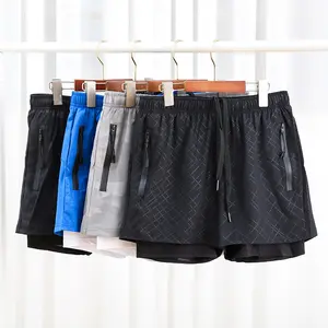 Pantalones cortos de gimnasio para hombre, ropa deportiva de poliéster con logotipo personalizado, 2 en 1, para correr, baloncesto y gimnasio