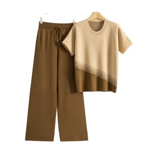 Conjunto de Suéter Tejido para Mujer, Manga Corta, Pantalones Anchos, Dos Piezas, Atuendo Casual de Verano, Corte Holgado, Diseño Moderno con Parches - Product Image 4