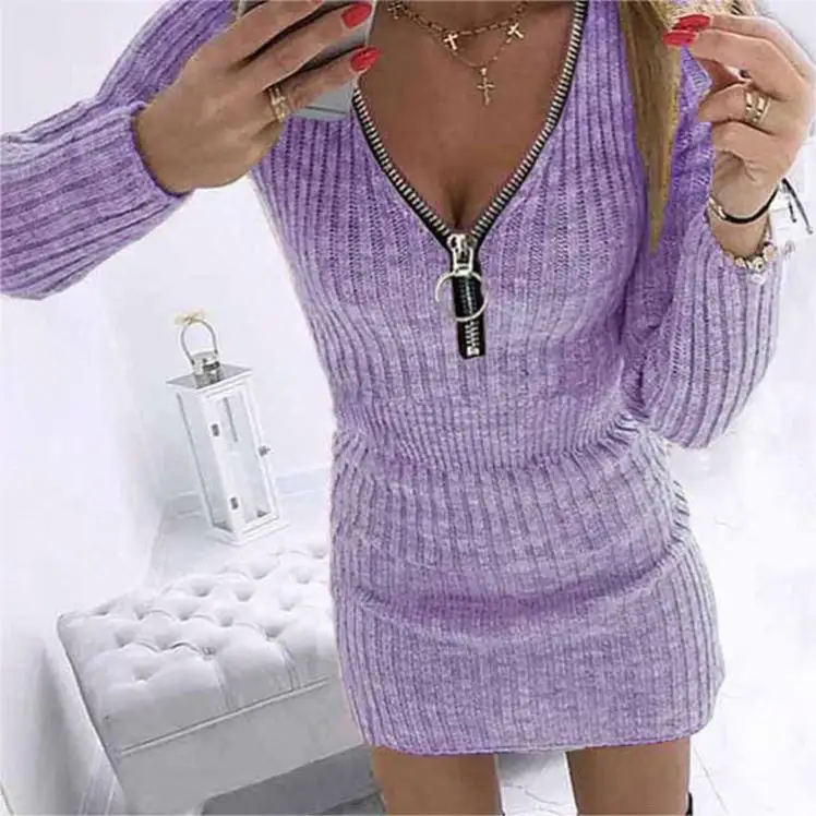 Discount Selling Long Sleeve Zipper Neck Dress Wholesale Winter Sweater Dress Women Clothing