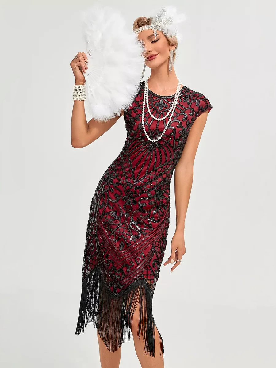 IWIWB Women's 1920s Flapper Dress Costume Set - Beaded Fringed Gatsby Dress With Accessories (Black & Silver) - View #2