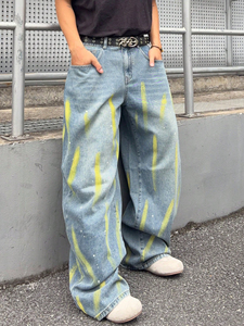 Vaqueros de mezclilla azul lavado <span class=keywords><strong>con</strong></span> estampado de pinceladas amarillas y detalles de salpicaduras de pintura, de pierna ancha, cintura alta, transpirables, para verano. - Product Image 5