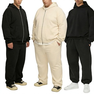 Ensemble jogging et sweat à capuche zippé pour homme grande taille, en coton épais, décontracté, 2 pièces, pour l'automne - Product Image 4