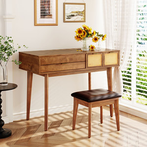 Ensemble de coiffeuse classique en bois brun de 43,3 pouces avec miroir rabattable éclairé, tabouret, trois tiroirs, table de maquillage, espace de rangement ample - Product Image 1