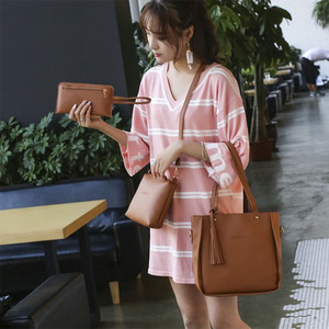 4 buah setelan kulit wanita penjualan terbaik tren Lychee tas kurir selempang 4 potong Set tas tangan PU tunggal wanita - Product Image 6