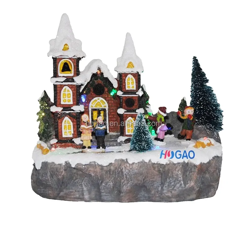 Patung Natal Miniatur Lukis Tangan Resin, dengan Rumah Desa Mini dengan Lampu LED