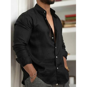 T-shirt Ample Décontracté à Manches Longues pour Hommes, Haute Qualité, Style Européen et Américain, en Coton et <span class=keywords><strong>Lin</strong></span>, Couleur Unie - Product Image 4