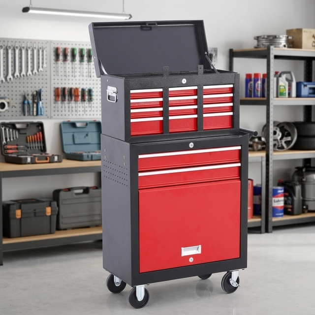 Heavy Duty 2-in-1 Modular Rolling Tool Box Cabinet Set 6-Drawer Top Chest 2-Drawer Recessed Door Bottom Cold Rolled Steel OBM