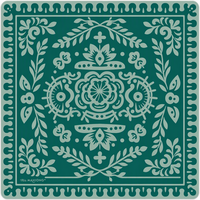 Alas Meja Mahjong Botani Dekoratif Amerika Warna Hijau Teal dengan Motif Bunga Tradisional, Pinggiran Hias, dan Pola Simetris