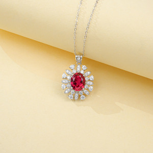 Vintage Inspired Sunburst Lab Ruby Necklace, Oval Cut Center Stone with Multi-Shape Halo Pendant in 925 Silver - Product Image 5