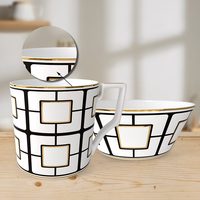 Service de Table en Porcelaine Fine Luxe Noir et Blanc à Motif Géométrique Quadrillé et Lignes pour Restaurant, Mariage, Maison