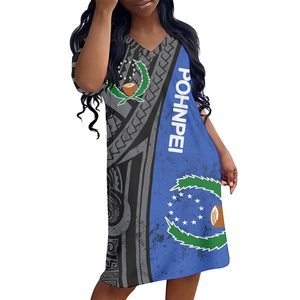 Caroline Island Summer Beach Vestido de manga corta Estampado a pedido Pohnpei Diseño Patrón Casual Vestidos sueltos Falda hasta la rodilla - Product Image 3