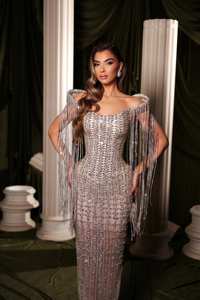 LM D234 <strong>Silver</strong> Natural High Neck Floor-Length Lace Crystal Beaded Mermaid Anti-Wrinkle Evening Gown Sheer <strong>Skirt</strong> for Formal - Product Image 4