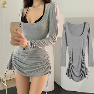 CNSHELL 95% coton col carré côté pli dessiner chaîne à manches longues mauvaise hanche robe femmes Sexy - Product Image 1