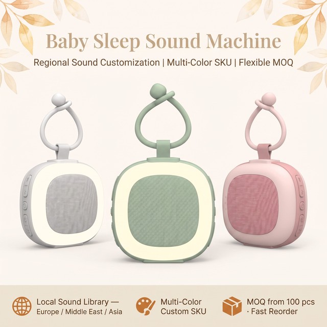 Baby White Noise Machine Low MOQ Portable Sleep Aid Machine, Cry Sensor Soothing Sound Machine with RGB Light and Warm Light
