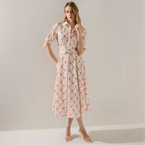 Robe chemise de luxe en gros, nouvelle collection, motif <span class=keywords><strong>floral</strong></span> crème et rouge, taille haute, coupe ajustée, vêtements pour femmes, logo personnalisé en gros - Product Image 3