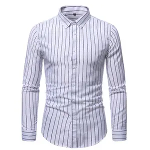 定制时尚设计休闲白色深色100% 涤纶长袖空白条纹男装衬衫