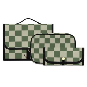 3 Set Green Checkered Polyester Foldable Zipper <b>Toiletry</b> Cosmetic <b>Bag</b> Makeup Brush Storage Organizer <b>Toiletry</b> <b>Bag</b> with Pouch - Product Image 1