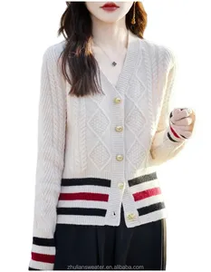 Personnalisé 100% Laine Pull Cardigan Rayé Automne Streetwear Décontracté À Manches Longues Tops Tricoté Mode Femmes Cardigan