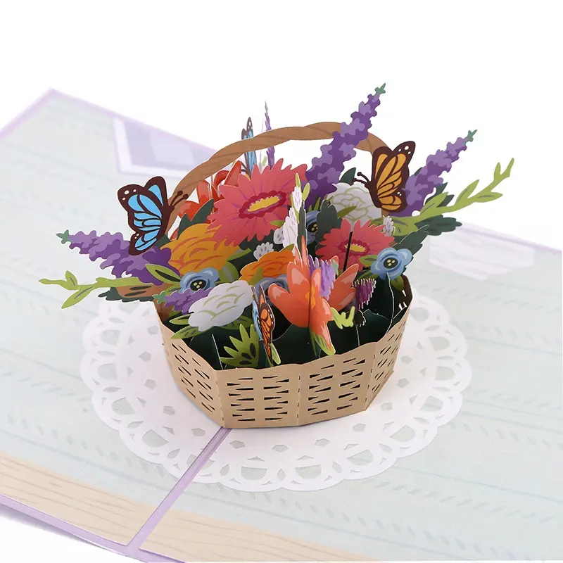 Çiçek sepeti Pop Up anne eşi için 3D kart, kağıt çiçek kartı teşekkür ederim kart, takdir kartı