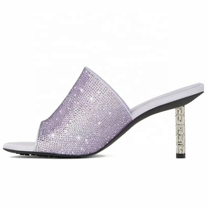 Sandalias de tacón de aguja plateadas con diamantes para mujer, zapatos de vestir de tacón alto fino, mules de fiesta con punta abierta - Product Image 1