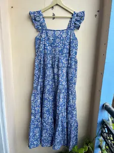 Boho Summer <b>Dress</b> in joyful blue and <b>white</b> Hand Block Printed <b>dress</b> Sleeveless Cotton Summer Floral Indian Cotton Tier <b>dress</b> - Product Image 2