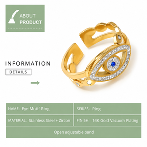 Gold Eye Motif Adjustable <b>Ring</b> <b>Stainless</b> <b>Steel</b> Zircon Jewelry with Blue Center Stone and 14K Gold Vacuum Plating - Product Image 3
