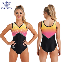 Maillot de Gimnasia Sin Mangas con Degradado Amarillo Brillante y Rosa, Adorno en V con Pedrería Negra en la Parte Inferior, Elástico, para Competición