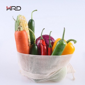 Reusable produce organic polyester cotton bags with draw string for vegetable and fruit