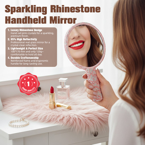 Miroir de maquillage rond HD grand format à strass roses, personnalisé avec logo, pour vente en gros - Product Image 3