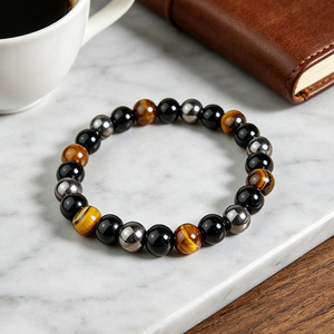 Natural Tiger's Eye And Black Agate Beaded <b>Bracelet</b> Unisex Everyday Wear 8mm Round Stone Jewelry - Product Image 1