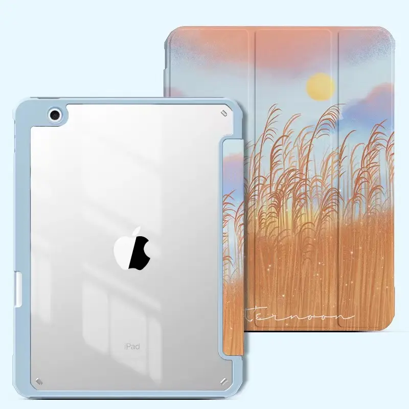 2022 Ins Style Oil Painting Customize Shockproof Cover Transparent Case with Pencil Holder for iPad 10.2 Inch