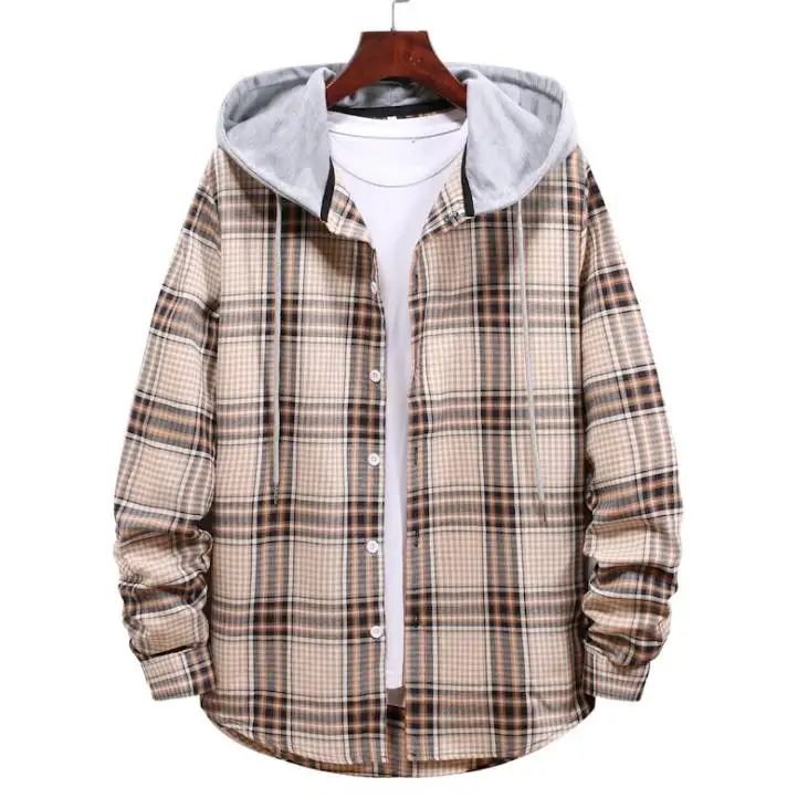 In Stock Cheap Men's Casual Cotton Long Sleeve Button Up Checkered Plaid Shirt With Hood