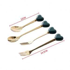 Juego de Cubiertos Creativos con Forma de Corazón, de Acero Inoxidable con Acabado Espejo, Cuchara para Postre, Cuchara para Café, Tenedor para Pastel, con Mango de Cerámica - Product Image 4