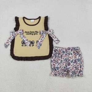 Conjunto de Ropa de Verano para Niña GSSO2730 RTS, Chaleco Amarillo Sólido con Bordado de Camuflaje, Ropa Infantil al por Mayor - Product Image 4
